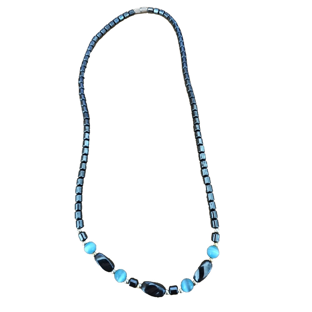 Hematite andTurquoise Bead Scoop Screw Closure Necklace 18"